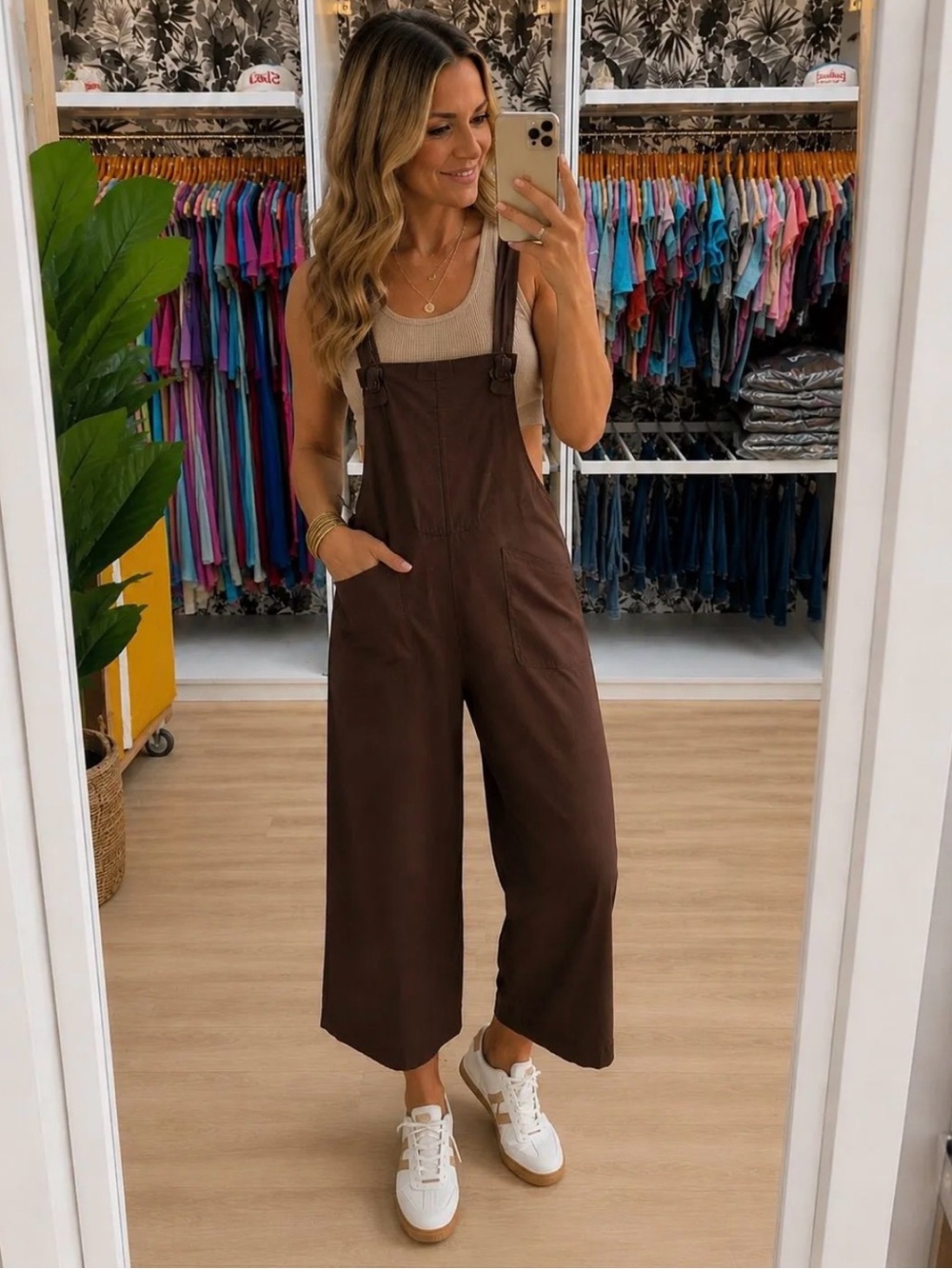Women's Brown Wide-Leg Cotton Overalls Jumpsuit